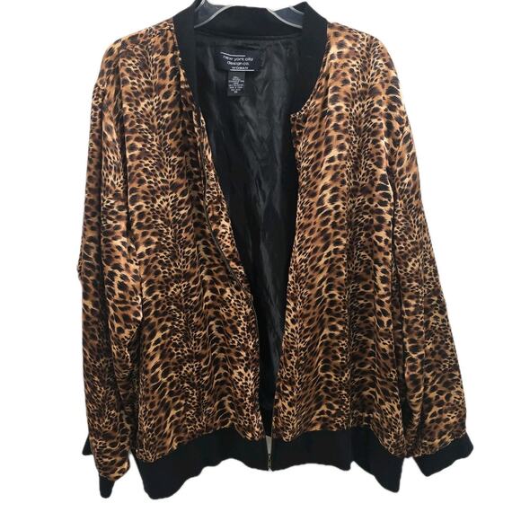 Women’s Leopard Print Bomber Jacket Zip Up Animal Print Coat Size 3XL Silk - Picture 1 of 12